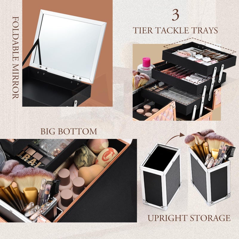 Joligrace Makeup Train Case Cosmetic Box 11.6 Inch Jewelry Organizer Professional 3 Tiers Trays with Mirror and Brush Holder Lockable Key Portable Travel - Rose Gold - Image 4